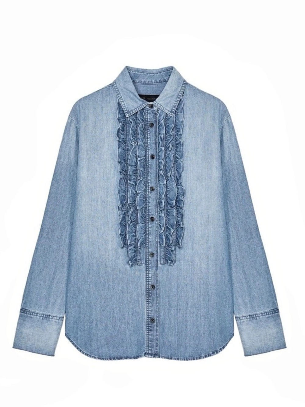 Zara Denim Ruffle-Front Shirt Blue Size Medium